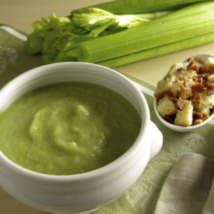 Fresh Celery Soup with Bacon Croutons