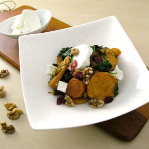 Organic Roasted Yam & Spinach Salad with Prosciutto & Chevre
