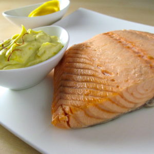 Poached Atlantic Salmon with Lemon Saffron Aioli