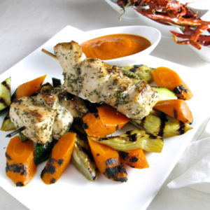 Herb-Marinated Chicken Skewers w Roasted Vegetables & Harissa
