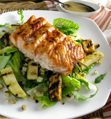 Gingered Salmon Skewers w Grilled Corn and Zucchini Salad