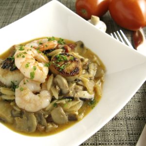 Scallops & Shrimp with Mixed Mushroom Ragout & Orzo