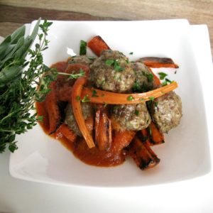 Lamb Meatballs With Tomato Sauce and Roasted Carrots