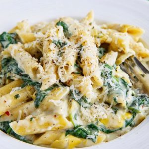 Penne with Caramelized Onions, Spinach & Artichoke