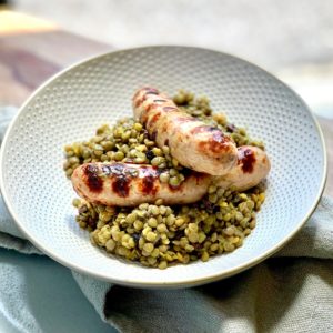 Curried Organic French Lentils with Grilled Chicken Apple Sausage