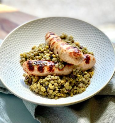 Curried Organic French Lentils with Grilled Chicken Apple Sausage