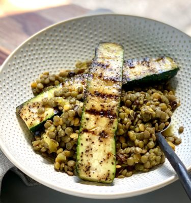 Curried Organic French Lentils with Grilled Zucchini