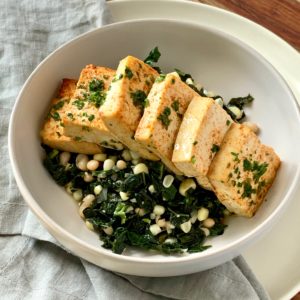 Tofu, Braised Kale, Corn and White Bean Succotash