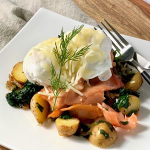 Brunch! Poached Eggs with Smoked Salmon Spinach Hash