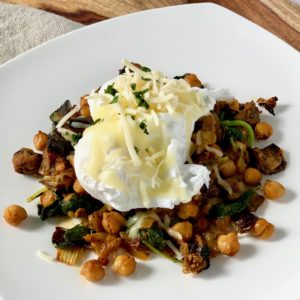 Brunch! Poached Eggs with Moroccan Eggplant Chickpea Hash