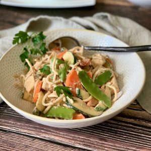 Peanut Sauce Tofu with Buckwheat Noodles and Vegetables