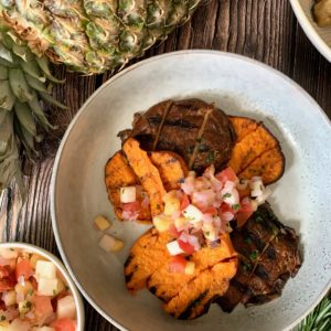 Grilled Yam and Portobello with Pineapple Jicama Salsa
