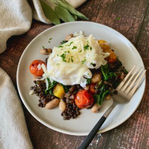 Brunch! Poached Eggs with Beluga Lentils and White Bean Fricassée