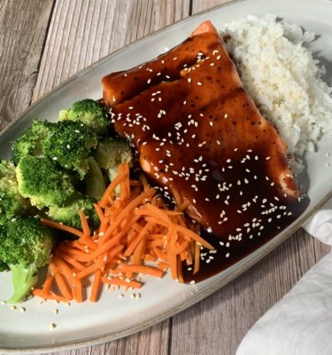 Teriyaki Salmon with Jasmine Rice Broccoli and Carrots