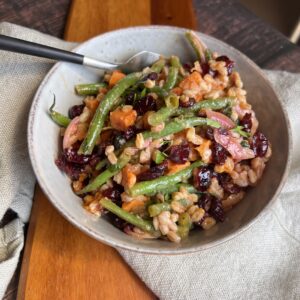 Moroccan Farro Salad with Sweet Potatoes, Green Beans and Cranberries