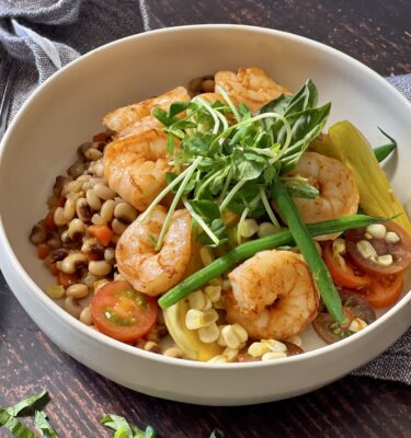Roasted Prawns with Spring Vegetables and Black Eyed Peas