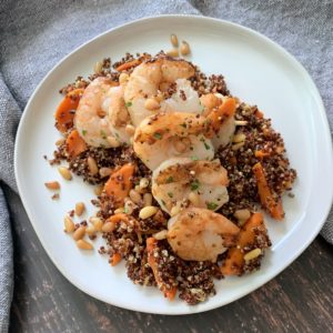 Grilled Shrimp Skewers with Quinoa, Pine Nuts and Carrots
