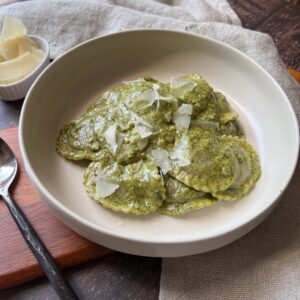 Tender Greens & Spring Herb Ravioli with Pesto Sauce