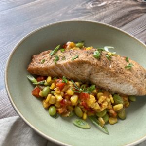 Miso-Buttered Succotash with Seared Salmon