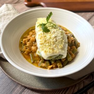 Baked Pesto Petrale Sole with Garbanzo and Green Bean Stew