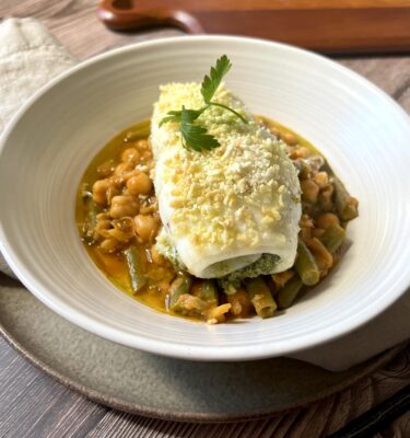 Baked Pesto Petrale Sole with Garbanzo and Green Bean Stew