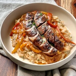 Grilled Chicken Basil Sausage Over Parmesan Risotto