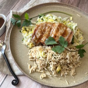 Hoisin Glazed Pork Chops with Napa Cabbage and Coconut Rice