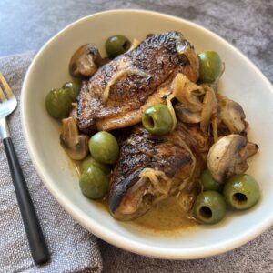 Braised Chicken Thighs with Castelvetrano Olives and Mushrooms