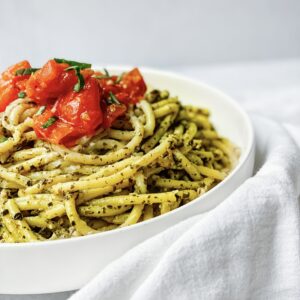 Spaghetti with Fresh Pesto and Roasted Tomatoes