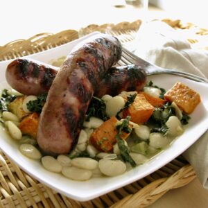Grilled Chicken Sausage over Butter Beans and Kale