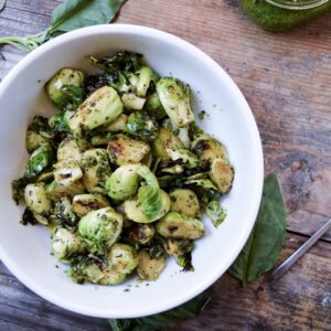 Pesto Roasted Brussels Sprouts with Parmesan Almonds